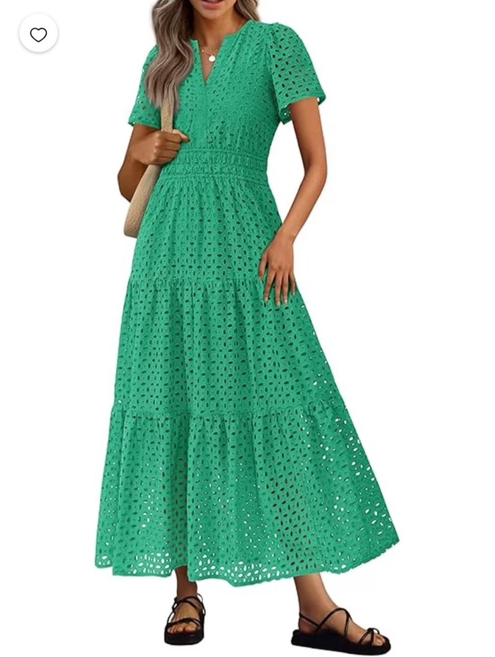 bright green short-sleeve V-neck maxi dress featuring an all-over hollows